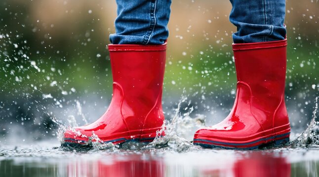 Child in red rubber boots splashing in a rain puddle and playing in the water