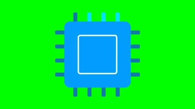 Blue Microchip Processor Icon on Green Screen Background.
