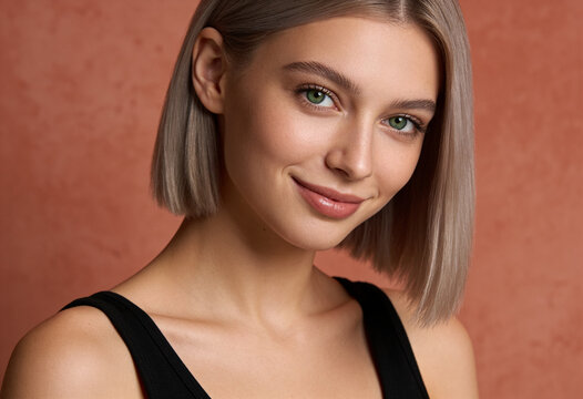 Fresh natural face with short bob hairstyle and green eyes looking at camera. 