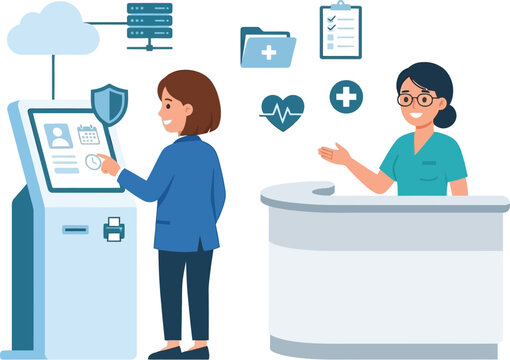 Patient Check In with EHR System Flat Vector Illustration