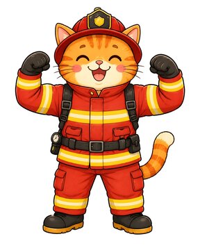 Cheerful firefighter cat hero