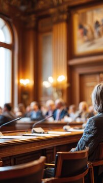 formal meeting in ornate government chamber with attentive participant