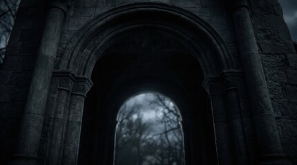 Obraz premium Dark Gothic Stone Arch Ruin in Spooky Old Forest at Night with Misty Blue Atmosphere