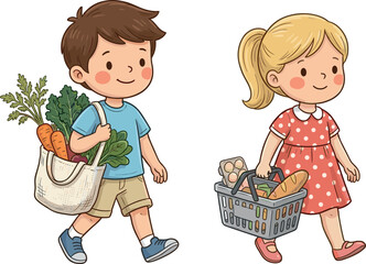 Cute happy cartoon kids grocery shopping vector illustration featuring little boy and girl carrying fresh vegetables and food basket