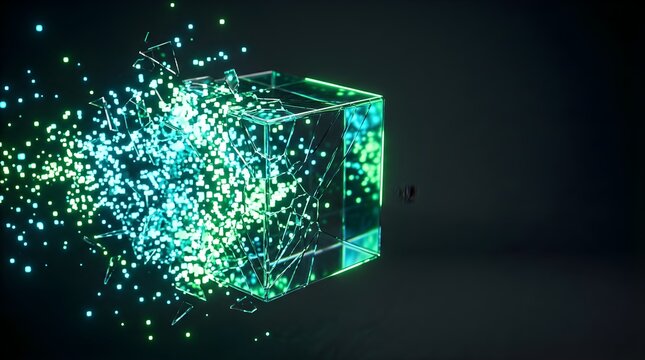 Shattered glass cube exploding into glowing digital particles on dark background
