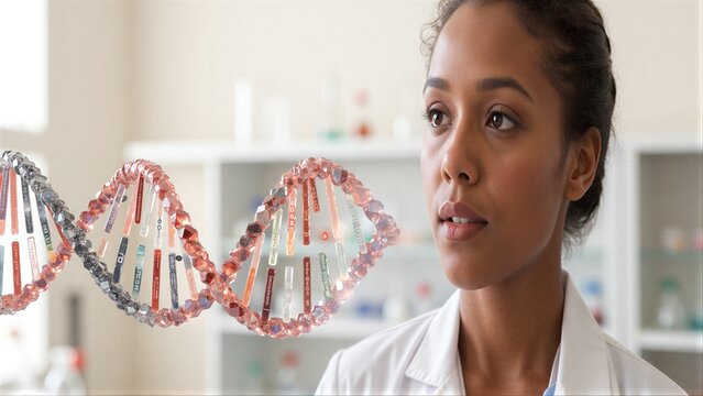 Female scientist examines glowing DNA double helix in lab setting.
