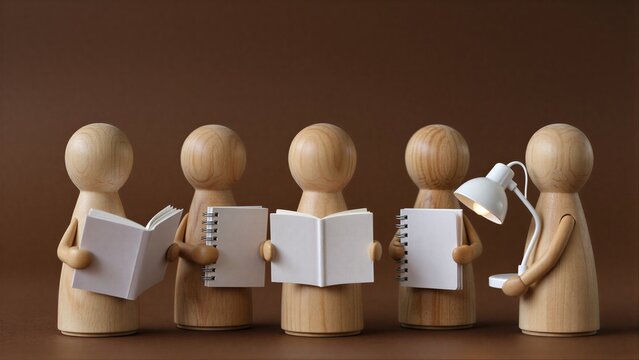Wooden figures study together, one holds a lamp for group learning.