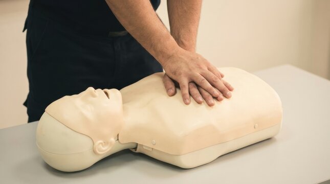 Close-Up Shot of Medical Professional Performing CPR Chest Compressions on Training Mannequin indoors