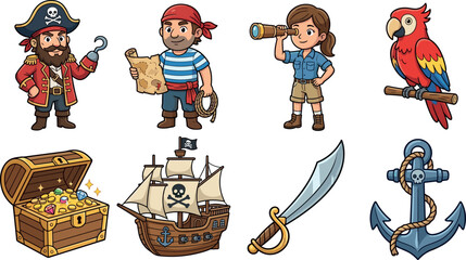 Cute happy cartoon pirate adventure colorful vector icon set featuring captain sailor spyglass explorer parrot ship treasure anchor sword