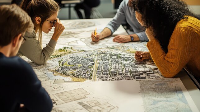 Architects collaborate over a large city master plan map while working at a professional design studio office.