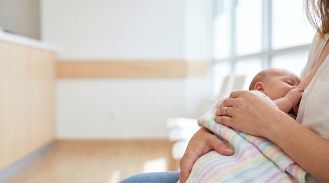 Lactation. Mother breastfeeding her newborn in a bright clinic room, representing postpartum care, maternal bonding and professional lactation support
