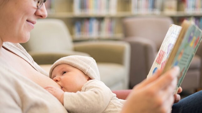 Lactation. Mother breastfeeding her baby while reading a book in a quiet library, showing maternal bonding, public nursing and everyday infant care