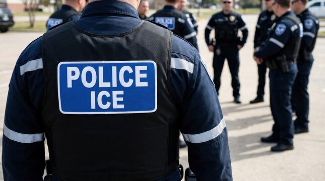 Police ICE agent from behind showing uniform patch on navy vest as officers stand in background in daytime scene