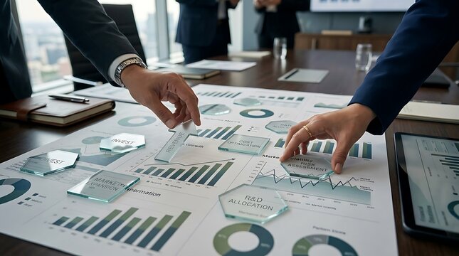 Close-up of business executives placing glass tiles over financial performance charts during a strategic planning meeting in a modern corporate boardroom, illustrating asset allocation.