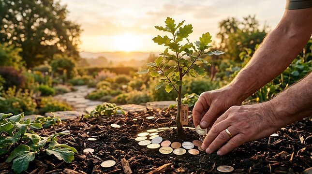 Close-up of hands carefully placing coins in a circle around a growing young oak tree sapling in rich soil at sunset, symbolizing sustainable investment, green finance, and eco growth.