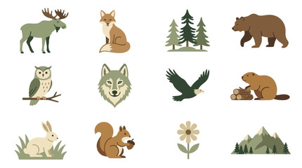 Obraz premium Forest Animals and Nature Elements Collection: Flat Icons Set