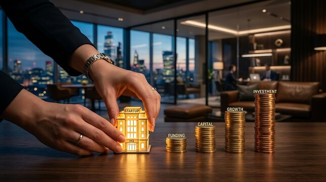 Hands placing a miniature glowing bank model next to growing coin stacks on a wooden table inside a luxury high-rise office at twilight, representing real estate capital and banking growth.