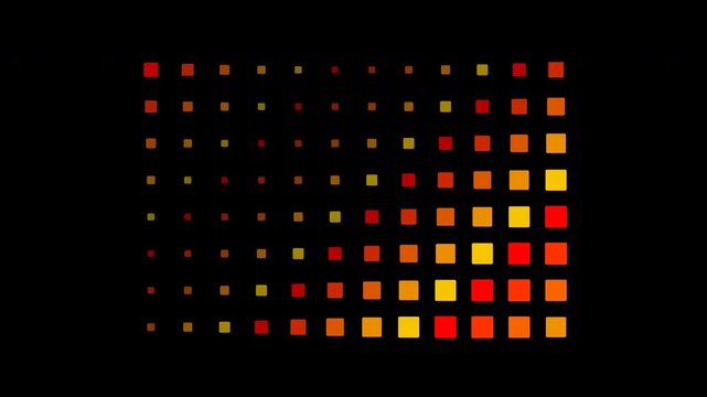Abstract motion graphic of a grid with red and orange squares scaling in size on a black background