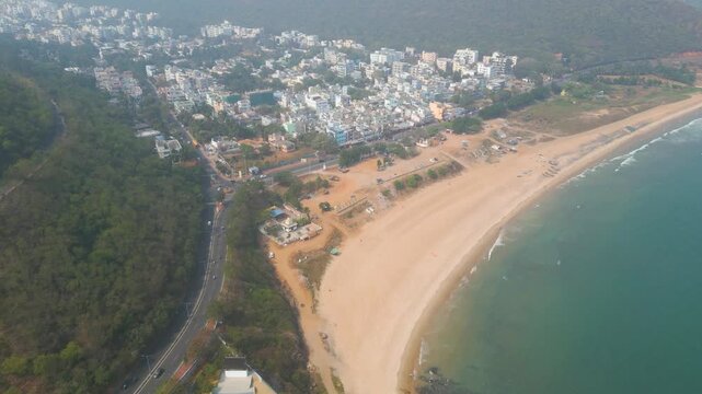 Aerial view of RK Beach, Bheemunipatnam Beach, Natural rock arch, Tenneti Park, MV MAA Ship, Visakhapatnam, India.