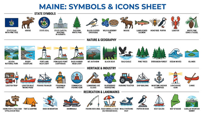 Comprehensive illustration showcasing a collection of state symbols, nature, geography, heritage, industry, recreation, and landmarks associated with Maine