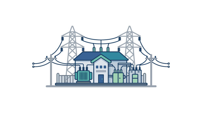 A flat vector illustration of an electrical substation with power towers and transmission lines.