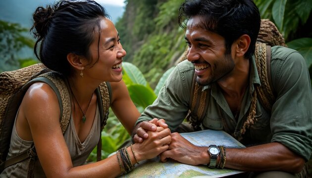 Cheerful couple holding hands and looking at a map while hiking through lush green tropical jungle.