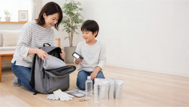 母親と息子が防災リュックへ備蓄品を詰める