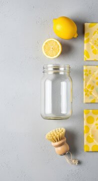 Eco-friendly cleaning supplies with lemons and reusable jar.