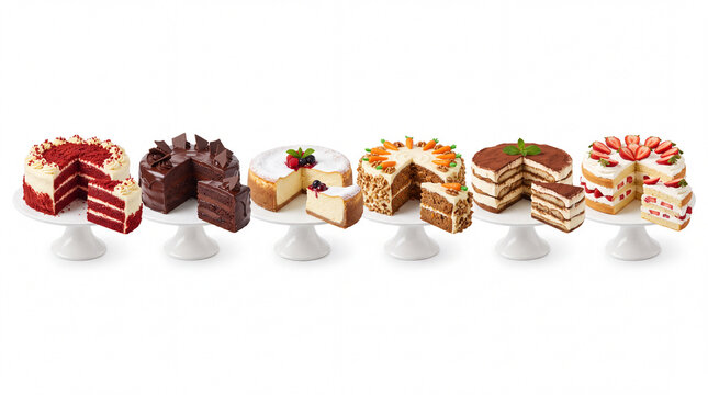 Set of six popular cakes including red velvet, chocolate fudge, and cheesecake, whole cakes cut with a slice next to them isolated on pure white background, premium bakery photography.