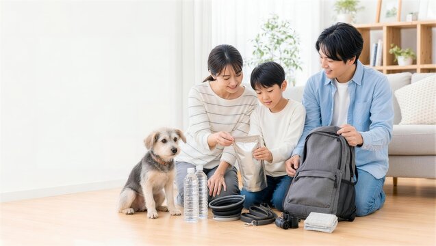 犬と暮らす家族がペット同行避難の備蓄を点検する