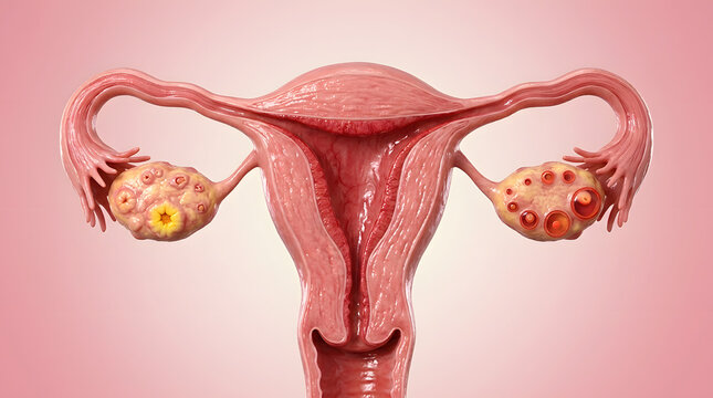 Detailed female reproductive system with ovaries displaying multiple cysts and developing follicles