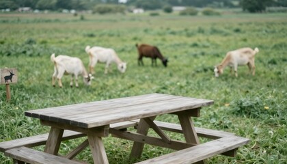 Fototapeta premium A picnic table in a field with goats, emphasizing artisan goat cheese dishes for a delightful summer picnic experience