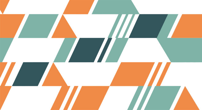Modern abstract seamless pattern featuring orange, teal, and navy blue geometric shapes including triangles and parallelograms with diagonal lines on white background.