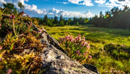Obraz premium Vibrant Meadow with Wildflowers and Lush Greenery Under a Sunny Sky.