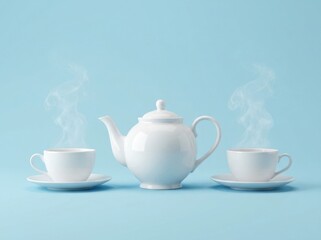 Fototapeta premium Steaming teapot with two cups on saucers, white porcelain, pastel blue background