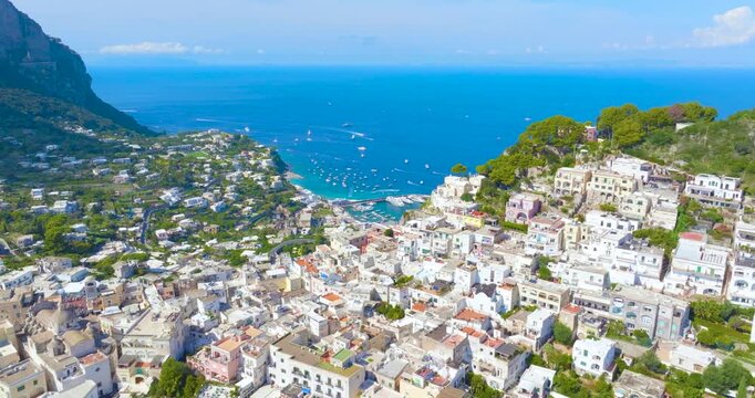 Aerial Drone View of Capri Town and Marina Grande Harbor, Italy