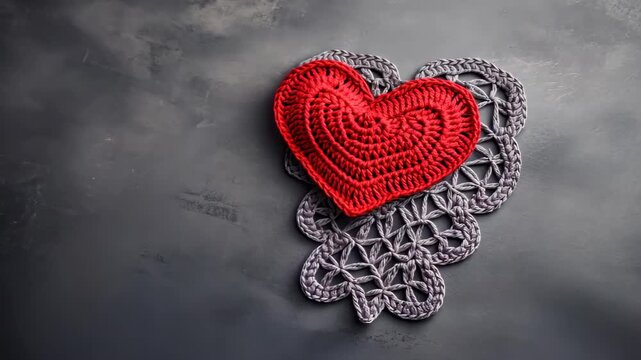 Crocheted Heart on Lace: A vibrant red crocheted heart rests elegantly upon a delicate grey crocheted lace doily, set against a dramatic, textured background, symbolizing love and craftmanship.