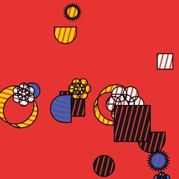 Abstract geometric motion graphics video featuring colorful shapes floating on red background.