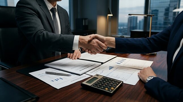 Two business partners shaking hands over signed financial contracts and documents at a wooden boardroom table, highlighting successful deal closing, corporate partnership, and agreement.