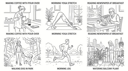 Obraz premium Set of daily morning routine activities in line art style.