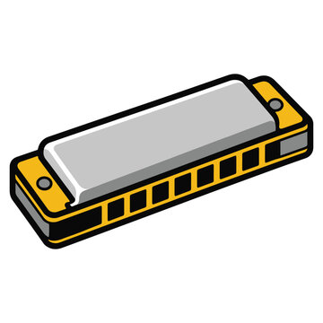 Yellow and silver harmonica musical instrument cartoon illustration isolated on white background