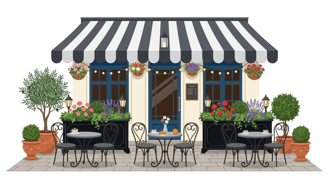 Charming outdoor cafe with striped awning and colorful flower boxes