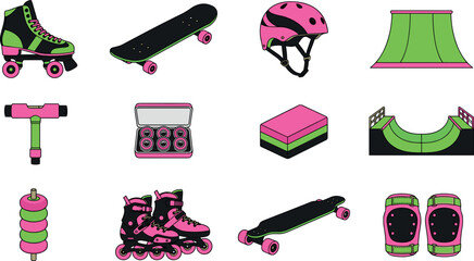 Extreme sports skating and skateboarding vector icon set featuring neon pink and green roller skates skateboard helmet and halfpipe ramp © Prodip