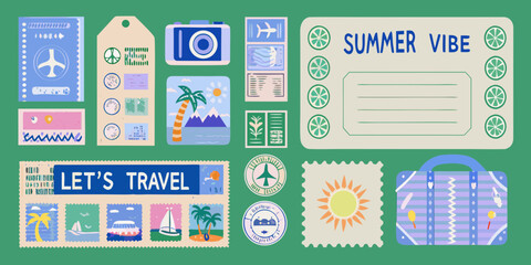 travel stickers in colorful retro style design vacation theme summer vibe luggage tags passport stamps holiday motifs illustration art vector graphics industry tourism © Dibyendu