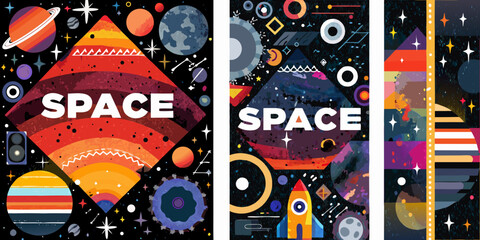 space themed retro posters with colorful planets and stars astronomy galaxy cosmos vector art illustration spacecraft rocket saturn jupiter mars venus neptune uranus © Dibyendu