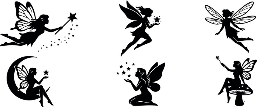 Fairy black silhouettes vector set with magical mythical creatures sitting on moon and mushroom isolated on white background