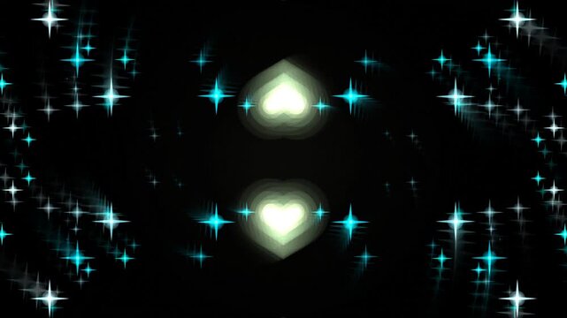 Abstract dark background with glowing cyan stars and central luminous heart shapes