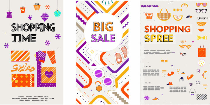 shopping themed promotional posters colorful vector illustration sale big spree time gifts basket sunglasses pattern design retail marketing consumerism advertising commercial fashion offer
