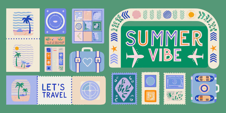 travel stickers in colorful retro style collage summer vibe palm tree suitcase airplane passport vacation holiday adventure exploration tropical beach sun vector art