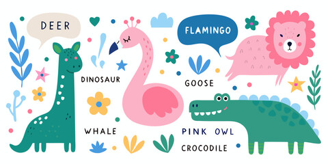 colorful animal illustrations in flat vector style illustration deer flamingo lion crocodile dinosaur whale goose pink owl speech bubble flower leaf childish funny © Dibyendu